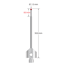 M5 stylus with 1.5 mm diameter ruby ball, stepped carbide stem, and 11.0 mm diameter x 10.0 mm long stainless steel base. Minor stem diameter is 1.0 mm; major diameter is 1.5 mm. Overall stylus length is 50.0 mm. Stylus weight is 6.53 grams.