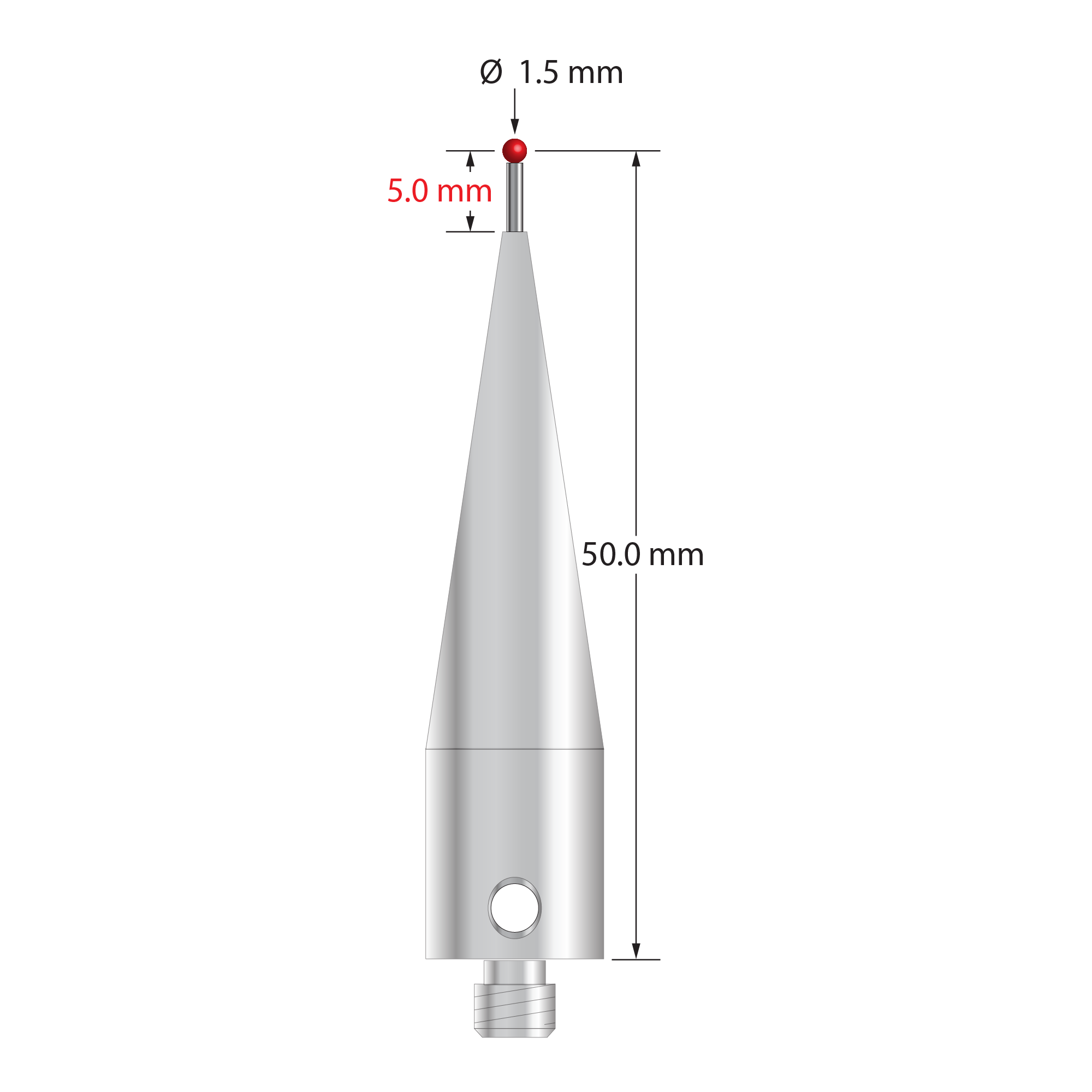 AFG-1550.75 M5 stylus, 1.5mm ruby ball, carbide stem, stainless steel base, 50mm length by Q-Mark Manufacturing, Inc.