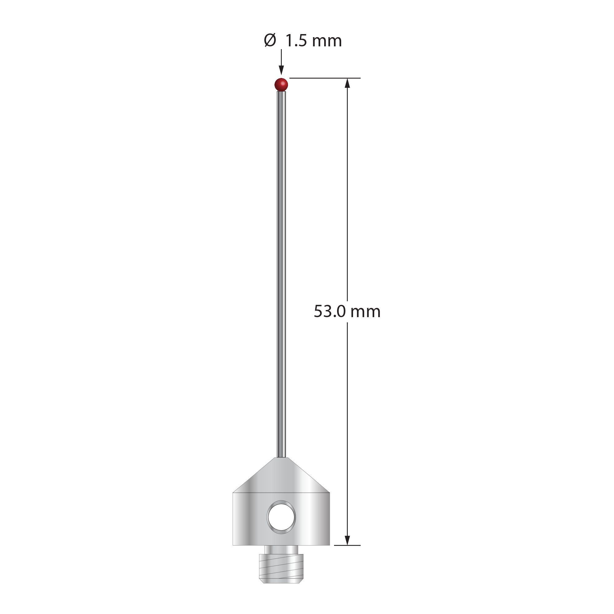 M5 stylus with 1.5 mm diameter ruby ball, 1.0 mm diameter carbide stem, and 11.0 mm diameter x 10.0 mm long stainless steel base. Overall stylus length is 50.0 mm. Stylus weight is 6.12 grams. Compare to Zeiss 626105-0144-053.