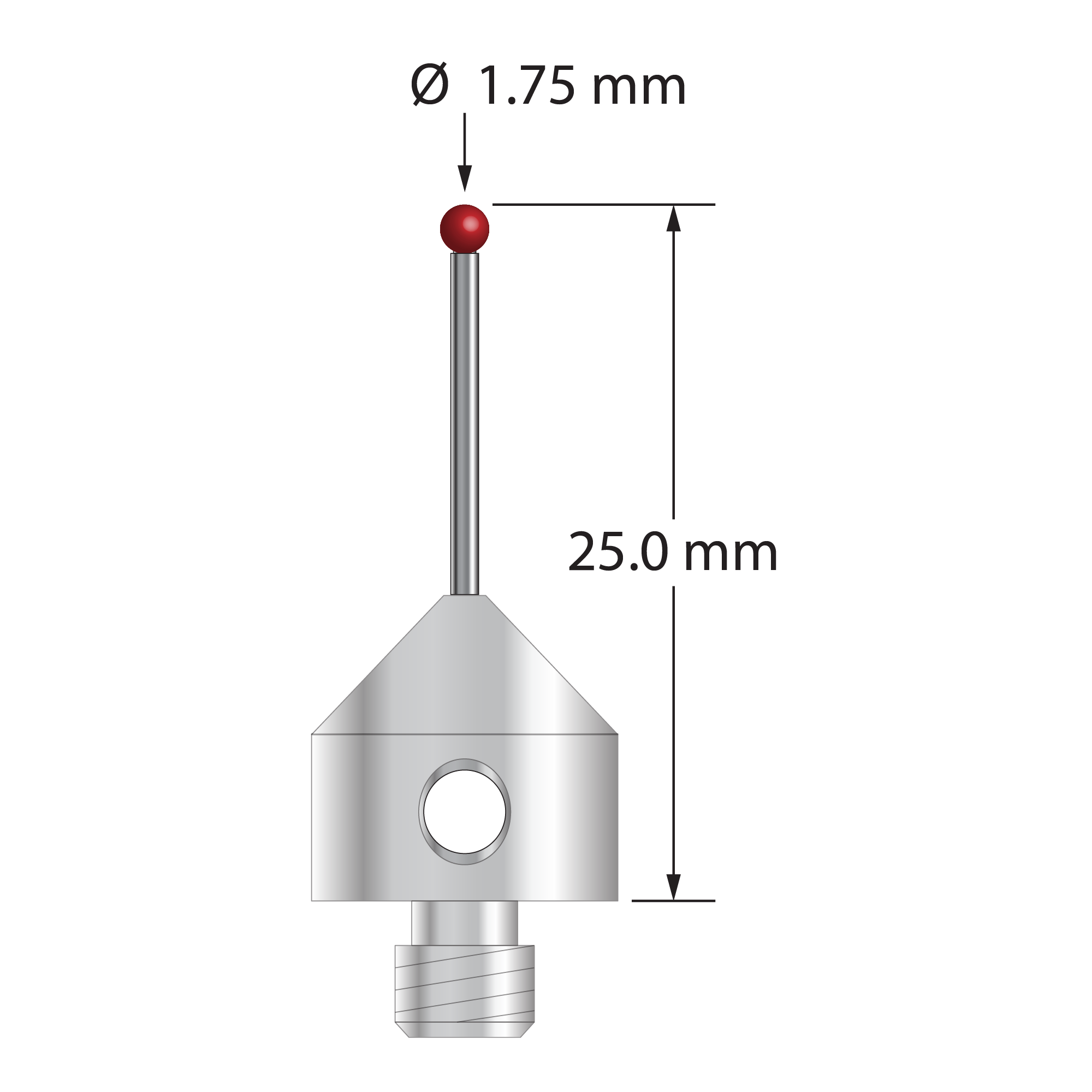 M5 stylus with 1.75 mm diameter ruby ball, 1.0 mm diameter carbide stem, and 11.0 mm diameter x 11.0 mm long stainless steel base. Overall stylus length is 25.0 mm. Stylus weight is 5.75 grams. Compare to Zeiss 626115-0181-025.