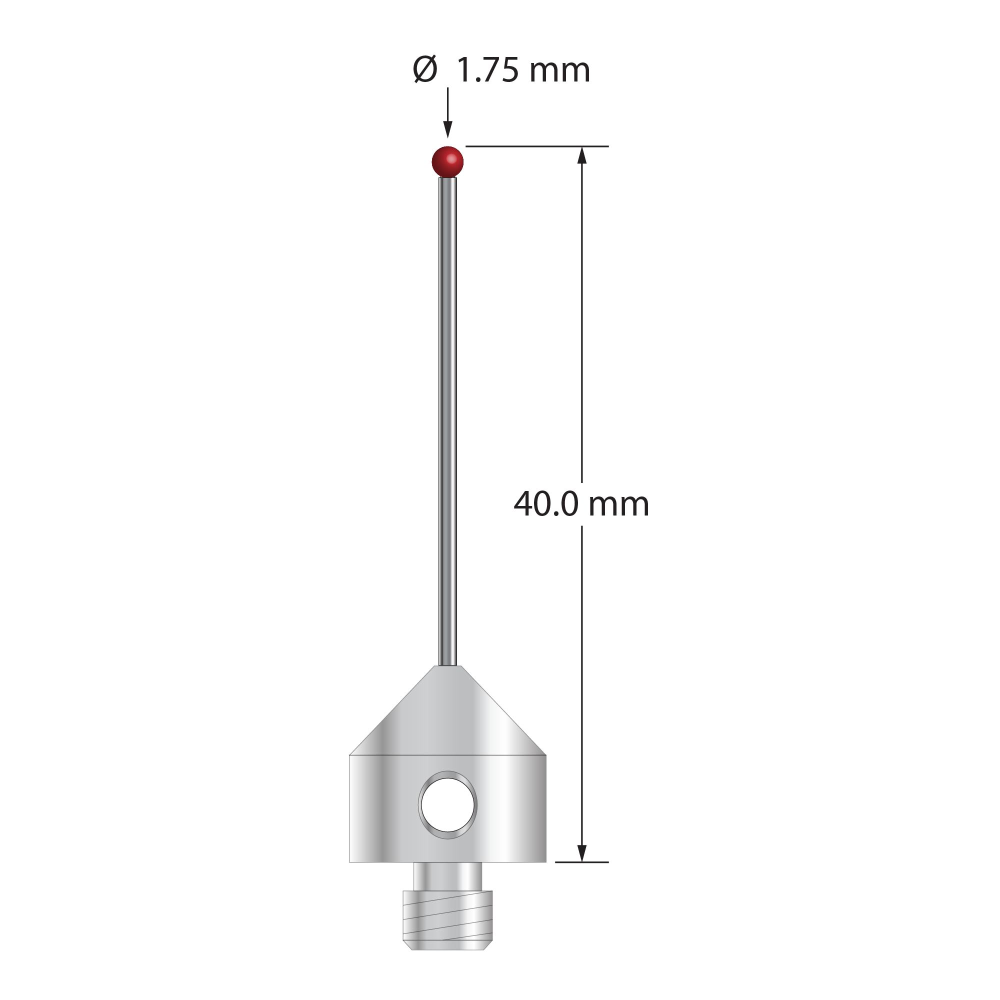 M5 stylus with 1.75 mm diameter ruby ball, 1.0 mm diameter carbide stem, and 11.0 mm diameter x 10.0 mm long stainless steel base. Overall stylus length is 40.0 mm. Stylus weight is 5.90 grams. Compare to Zeiss 000000-1091-433.