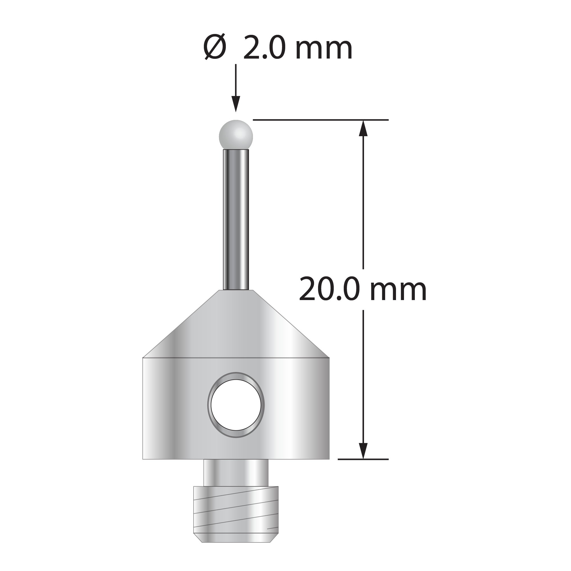 M5 stylus with 2.0 mm diameter solid diamond sphere, 1.5 mm diameter carbide stem, and 11.0 mm diameter x 10.0 mm long stainless steel base. Overall stylus length is 20.0 mm. Stylus weight is 5.74 grams. Compare to Zeiss 626115-0209-020.