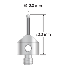 M5 stylus with 2.0 mm diameter solid diamond sphere, 1.5 mm diameter carbide stem, and 11.0 mm diameter x 10.0 mm long stainless steel base. Overall stylus length is 20.0 mm. Stylus weight is 5.74 grams. Compare to Zeiss 626115-0209-020.