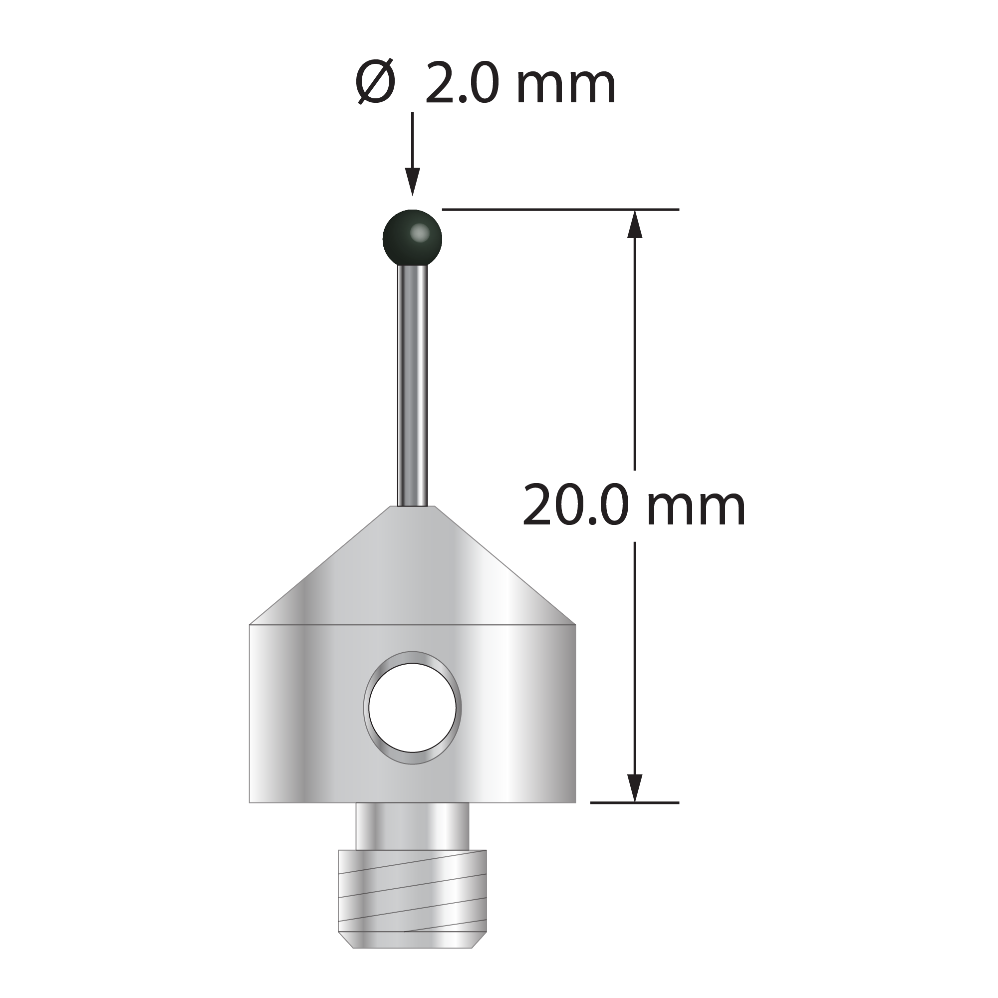 M5 stylus with 2.0 mm diameter silicon nitride ball, 1.0 mm diameter carbide stem, and 11.0 mm diameter x 10.0 mm long stainless steel base. Overall stylus length is 20.0 mm. Stylus weight is 5.60 grams. Compare to Zeiss 626115-0204-020.