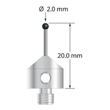 M5 stylus with 2.0 mm diameter silicon nitride ball, 1.0 mm diameter carbide stem, and 11.0 mm diameter x 10.0 mm long stainless steel base. Overall stylus length is 20.0 mm. Stylus weight is 5.60 grams. Compare to Zeiss 626115-0204-020.