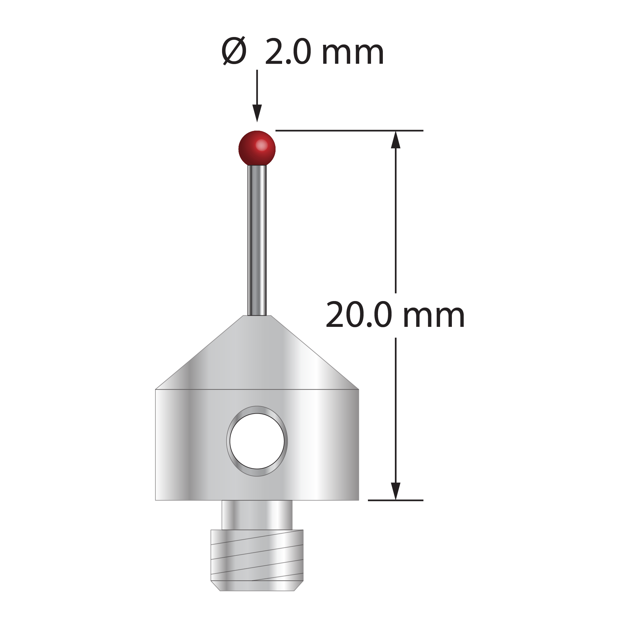 M5 stylus with 2.0 mm diameter ruby ball, 1.0 mm diameter carbide stem, and 11.0 mm diameter x 10.0 mm long stainless steel base. Overall stylus length is 20.0 mm. Stylus weight is 5.60 grams. Compare to Zeiss 626115-0200-020.