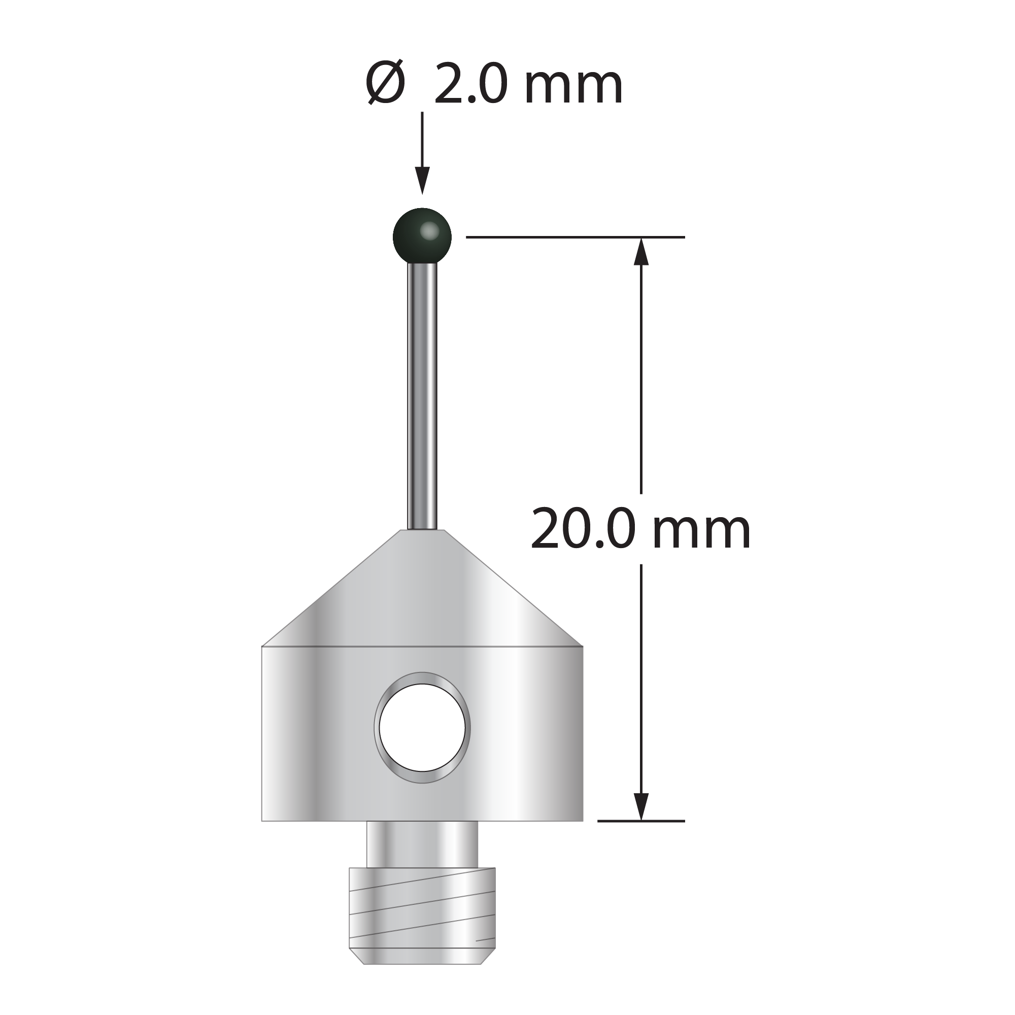 M5 stylus with 2.0 mm diameter silicon nitride ball, 1.0 mm diameter carbide stem, and 11.0 mm diameter x 10.0 mm long stainless steel base. Stylus length to ball center is 20.0 mm. Stylus weight is 5.61 grams.