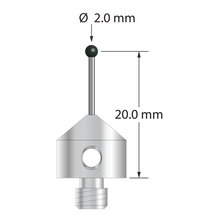 M5 stylus with 2.0 mm diameter silicon nitride ball, 1.0 mm diameter carbide stem, and 11.0 mm diameter x 10.0 mm long stainless steel base. Stylus length to ball center is 20.0 mm. Stylus weight is 5.61 grams.