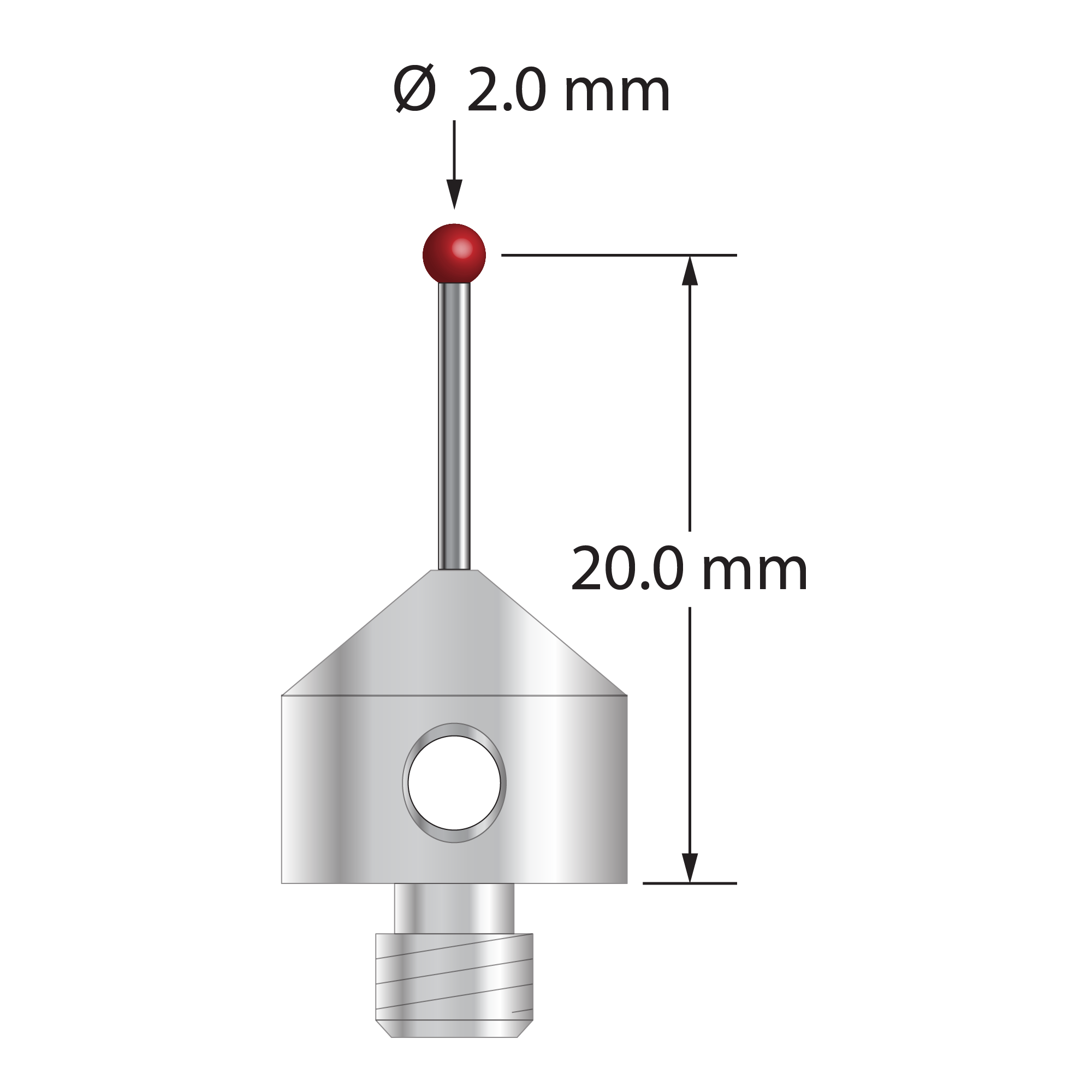 M5 stylus with 2.0 mm diameter ruby ball, 1.0 mm diameter carbide stem, and 11.0 mm diameter x 10.0 mm long stainless steel base. Stylus length to ball center is 20.0 mm. Stylus weight is 5.61 grams. Compare to Renishaw A-5003-5206.