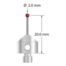 M5 stylus with 2.0 mm diameter ruby ball, 1.0 mm diameter carbide stem, and 11.0 mm diameter x 10.0 mm long stainless steel base. Stylus length to ball center is 20.0 mm. Stylus weight is 5.61 grams. Compare to Renishaw A-5003-5206.