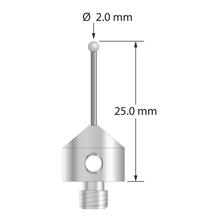 M5 stylus with 2.0 mm diameter diamond sphere, 1.0 mm diameter carbide stem, and 10.0 mm diameter x 10.0 mm long stainless steel base. Overall stylus length is 25.0 mm. Stylus weight is 5.66 grams.