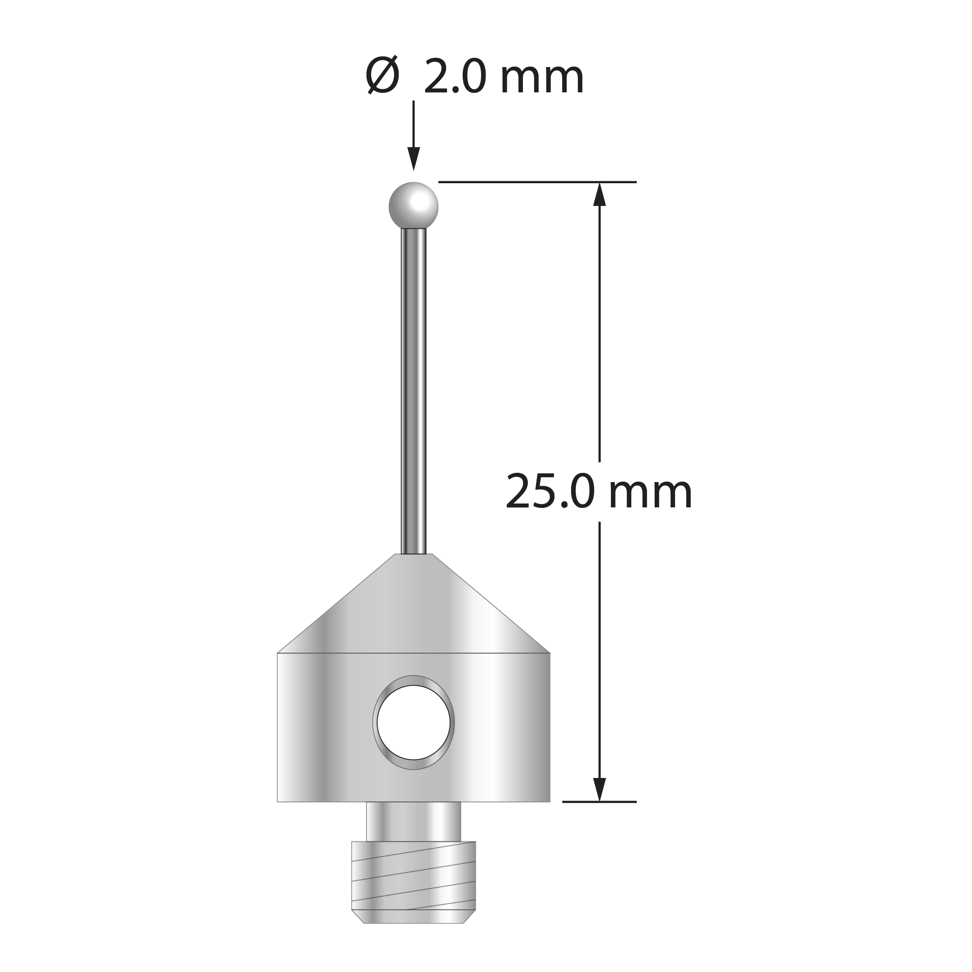 M5 stylus with 2.0 mm diameter zirconia ball, 1.0 mm diameter carbide stem, and 11.0 mm diameter x 10.0 mm long stainless steel base. Overall stylus length is 25.0 mm. Stylus weight is 5.66 grams.
