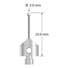 M5 stylus with 2.0 mm diameter zirconia ball, 1.0 mm diameter carbide stem, and 11.0 mm diameter x 10.0 mm long stainless steel base. Overall stylus length is 25.0 mm. Stylus weight is 5.66 grams.