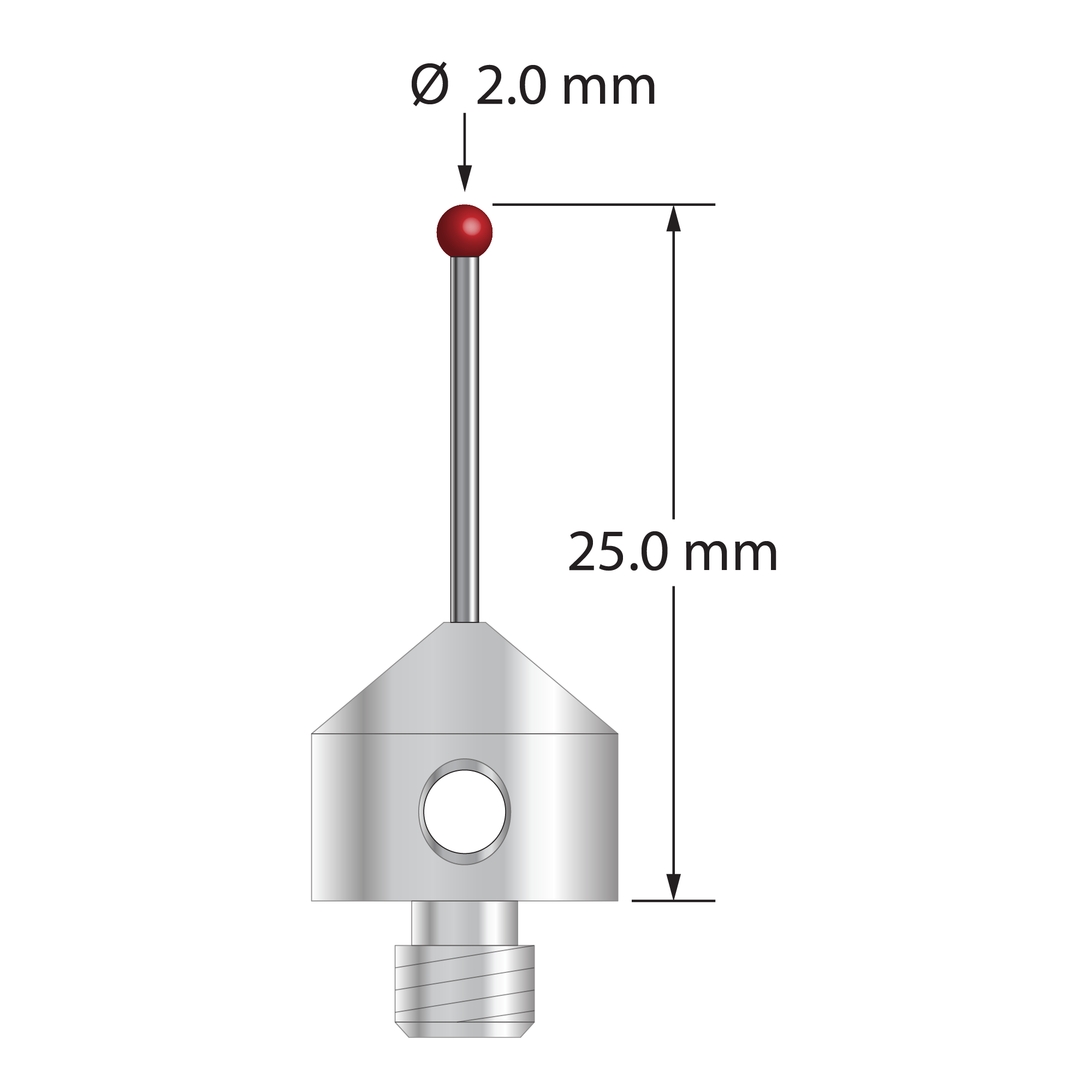 M5 stylus with 2.0 mm diameter ruby ball, 1.0 mm diameter carbide stem, and 11.0 mm diameter x 10.0 mm long stainless steel base. Overall stylus length is 25.0 mm. Stylus weight is 5.66 grams. Compare to Zeiss 626115-0200-025.