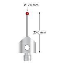 M5 stylus with 2.0 mm diameter ruby ball, 1.0 mm diameter carbide stem, and 11.0 mm diameter x 10.0 mm long stainless steel base. Overall stylus length is 25.0 mm. Stylus weight is 5.66 grams. Compare to Zeiss 626115-0200-025.