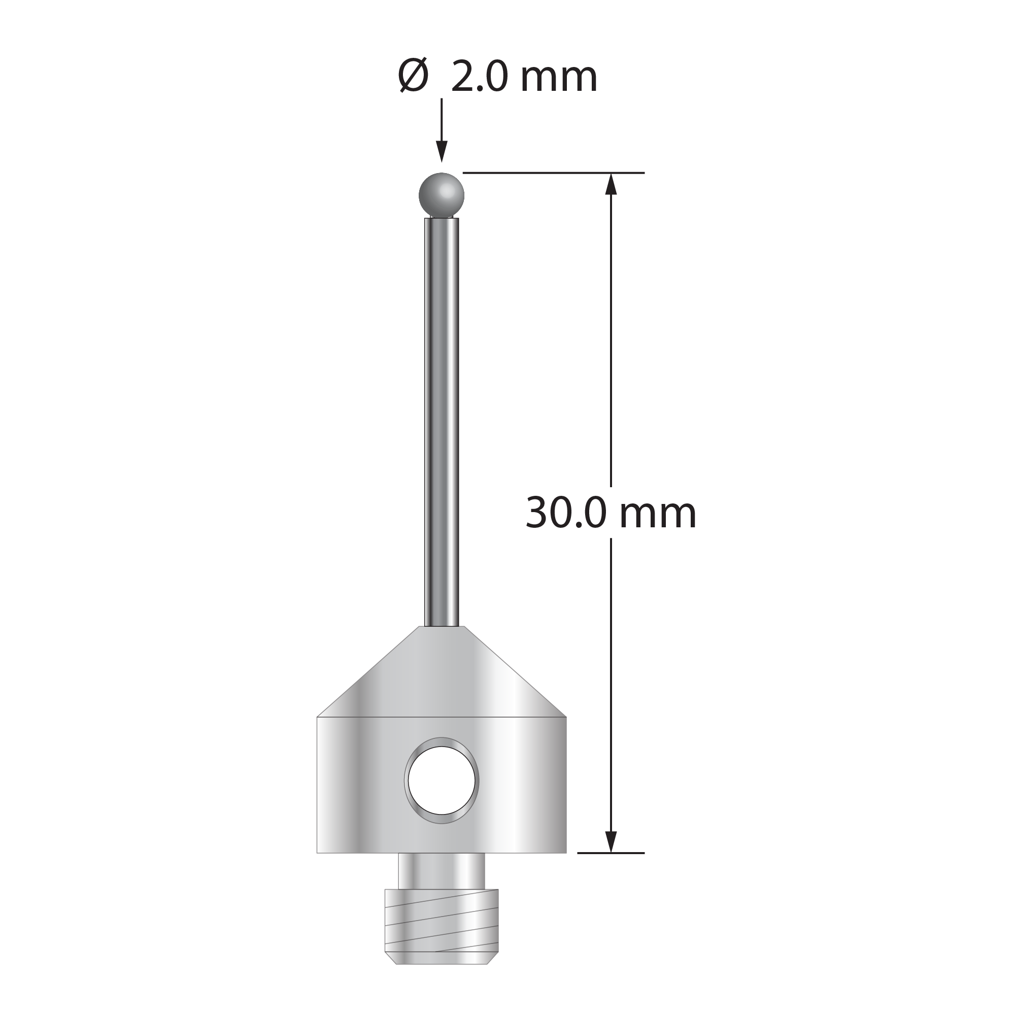 M5 stylus with 2.0 mm diameter solid diamond sphere, 1.5 mm diameter carbide stem, and 11.0 mm diameter x 10.0 mm long stainless steel base. Overall stylus length is 30.0 mm. Stylus weight is 6.00 grams.