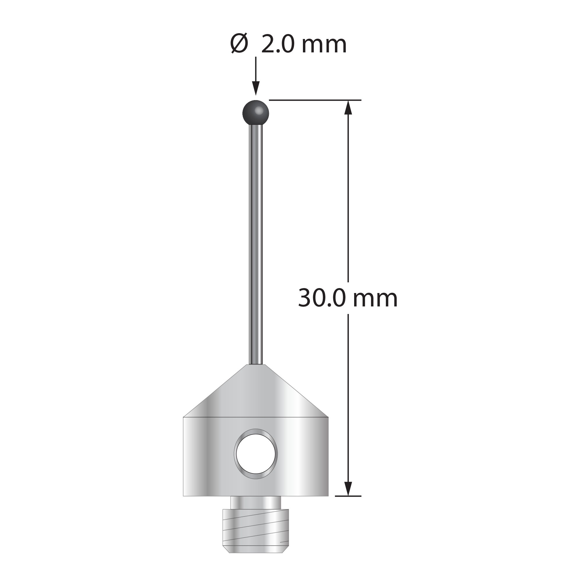 M5 stylus with 2.0 mm diameter silicon nitride ball, 1.0 mm diameter carbide stem, and 11.0 mm diameter x 10.0 mm long stainless steel base. Overall stylus length is 30.0 mm. Stylus weight is 5.72 grams.