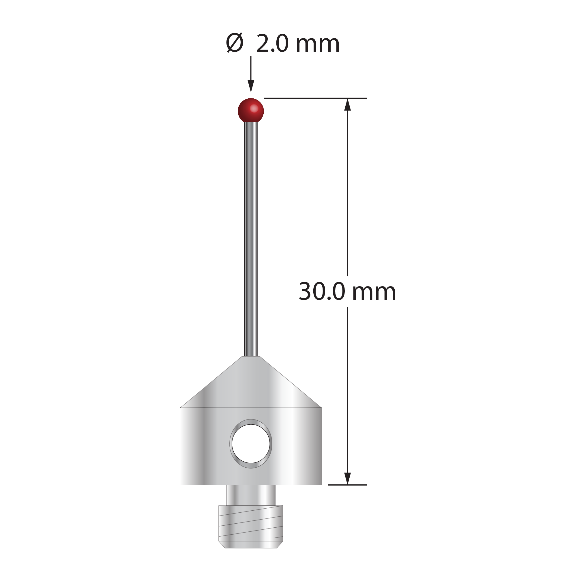M5 stylus with 2.0 mm diameter ruby ball, 1.0 mm diameter carbide stem, and 11.0 mm diameter x 10.0 mm long stainless steel base. Overall stylus length is 30.0 mm. Stylus weight is 5.72 grams.