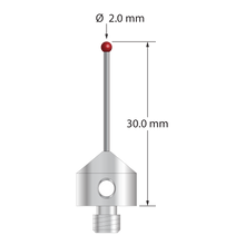 M5 stylus with 2.0 mm diameter ruby ball, 1.0 mm diameter carbide stem, and 11.0 mm diameter x 10.0 mm long stainless steel base. Overall stylus length is 30.0 mm. Stylus weight is 5.72 grams.