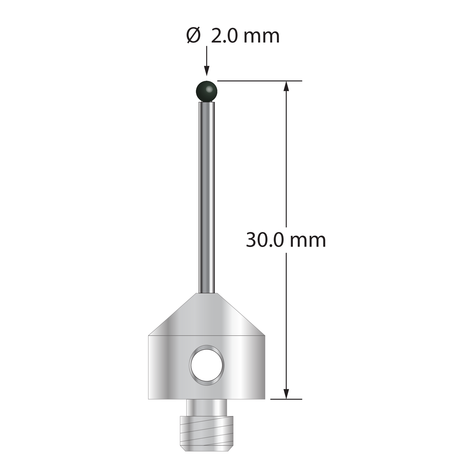 M5 stylus with 2.0 mm diameter silicon nitride ball, 1.5 mm diameter carbide stem, and 11.0 mm diameter x 10.0 mm long stainless steel base. Overall stylus length is 30.0 mm. Stylus weight is 6.08 grams. Compare to Zeiss 626105-0255-030.