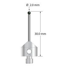 M5 stylus with 2.0 mm diameter silicon nitride ball, 1.5 mm diameter carbide stem, and 11.0 mm diameter x 10.0 mm long stainless steel base. Overall stylus length is 30.0 mm. Stylus weight is 6.08 grams. Compare to Zeiss 626105-0255-030.