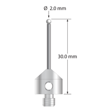 M5 stylus with 2.0 mm diameter zirconia ball, 1.5 mm diameter carbide stem, and 11.0 mm diameter x 10.0 mm long stainless steel base. Overall stylus length is 30.0 mm. Stylus weight is 6.08 grams.