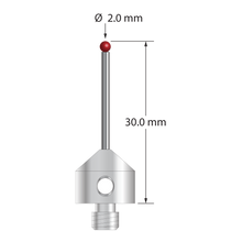 M5 stylus with 2.0 mm diameter ruby ball, 1.5 mm diameter carbide stem, and 11.0 mm diameter x 10.0 mm long stainless steel base. Overall stylus length is 30.0 mm. Stylus weight is 6.08 grams. Compare to Zeiss 626115-0200-030.