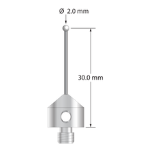 M5 stylus with 2.0 mm diameter zirconia ball, 1.0 mm diameter carbide stem, and 11.0 mm diameter x 10.0 mm long stainless steel base. Stylus length to ball center is 30.0 mm. Stylus weight is 5.72 grams.