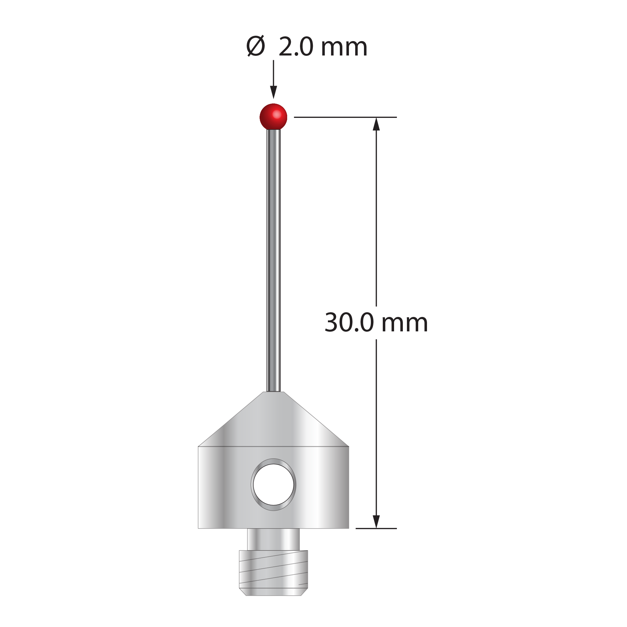 M5 stylus with 2.0 mm diameter ruby ball, 1.0 mm diameter carbide stem, and 11.0 mm diameter x 10.0 mm long stainless steel base. Stylus length to ball center is 30.0 mm. Stylus weight is 5.72 grams. Compare to Renishaw A-5003-5216.
