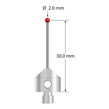 M5 stylus with 2.0 mm diameter ruby ball, 1.0 mm diameter carbide stem, and 11.0 mm diameter x 10.0 mm long stainless steel base. Stylus length to ball center is 30.0 mm. Stylus weight is 5.72 grams. Compare to Renishaw A-5003-5216.