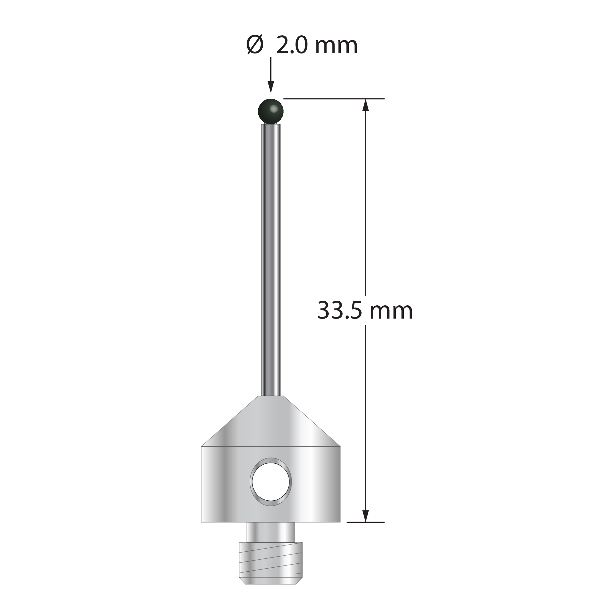 M5 stylus with 2.0 mm diameter silicon nitride ball, 1.5 mm diameter carbide stem, and 11.0 mm diameter x 10.0 mm long stainless steel base. Overall stylus length is 33.5 mm. Stylus weight is 6.17 grams. Compare to Zeiss 000000-1323-889.