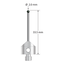 M5 stylus with 2.0 mm diameter silicon nitride ball, 1.5 mm diameter carbide stem, and 11.0 mm diameter x 10.0 mm long stainless steel base. Overall stylus length is 33.5 mm. Stylus weight is 6.17 grams. Compare to Zeiss 000000-1323-889.