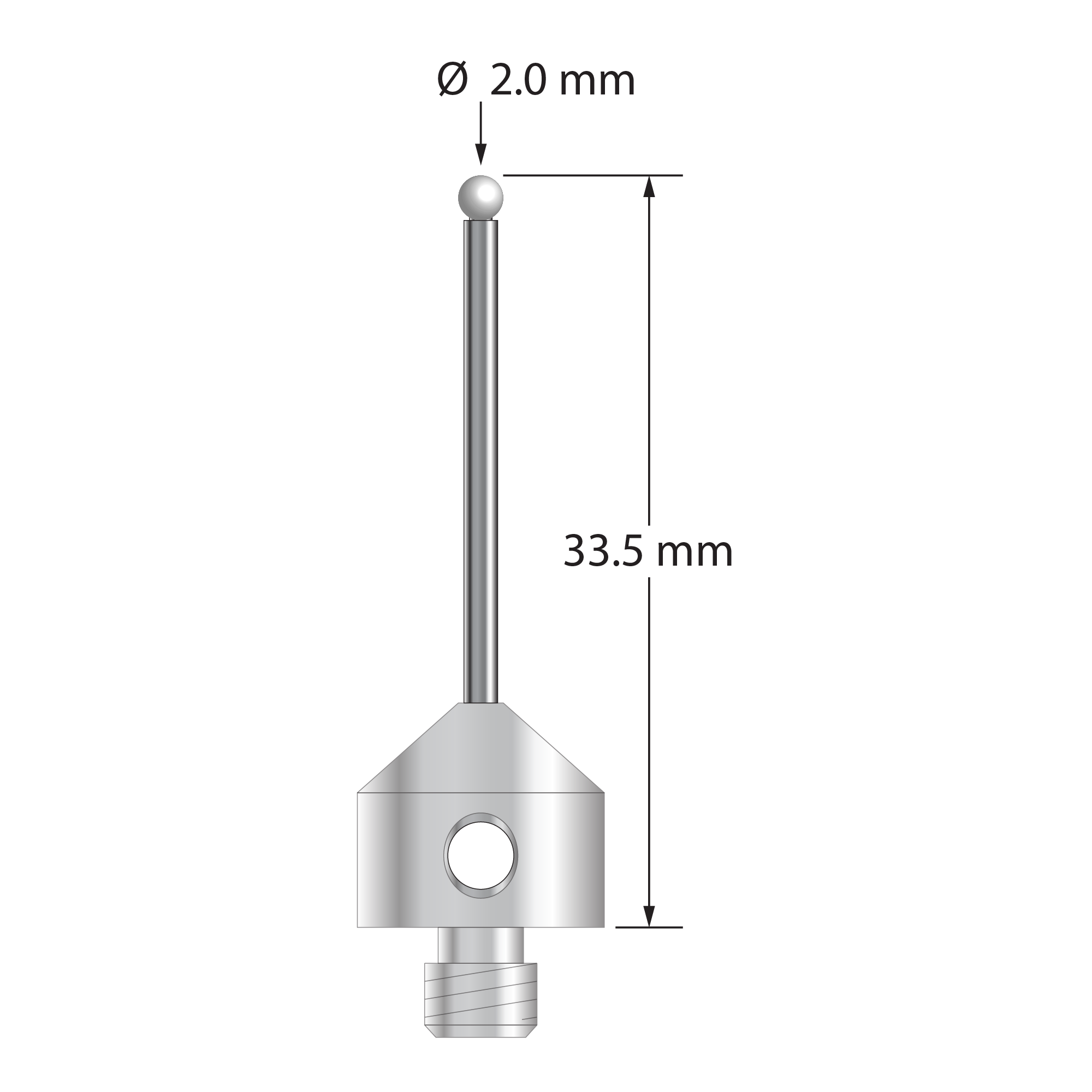 M5 stylus with 2.0 mm diameter zirconia ball, 1.5 mm diameter carbide stem, and 11.0 mm diameter x 10.0 mm long stainless steel base. Overall stylus length is 33.5 mm. Stylus weight is 6.17 grams.