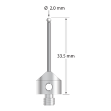 M5 stylus with 2.0 mm diameter zirconia ball, 1.5 mm diameter carbide stem, and 11.0 mm diameter x 10.0 mm long stainless steel base. Overall stylus length is 33.5 mm. Stylus weight is 6.17 grams.