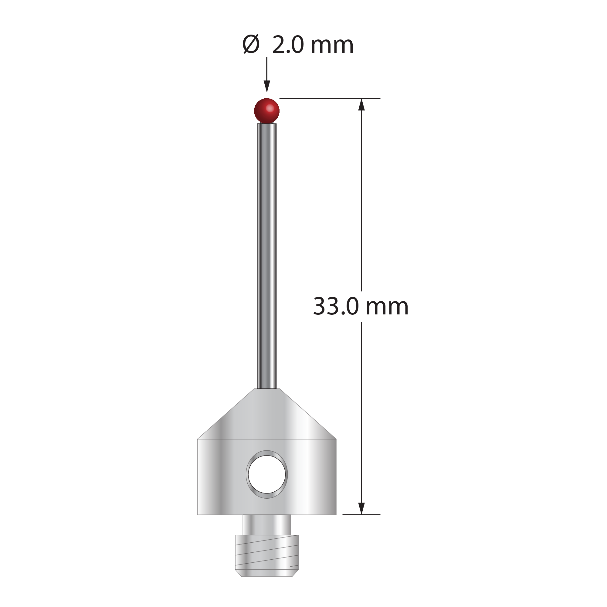 M5 stylus with 2.0 mm diameter ruby ball, 1.5 mm diameter carbide stem, and 11.0 mm diameter x 10.0 mm long stainless steel base. Overall stylus length is 33.0 mm. Stylus weight is 6.17 grams. Compare to Zeiss 626115-0200-033.