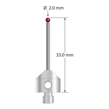 M5 stylus with 2.0 mm diameter ruby ball, 1.5 mm diameter carbide stem, and 11.0 mm diameter x 10.0 mm long stainless steel base. Overall stylus length is 33.0 mm. Stylus weight is 6.17 grams. Compare to Zeiss 626115-0200-033.