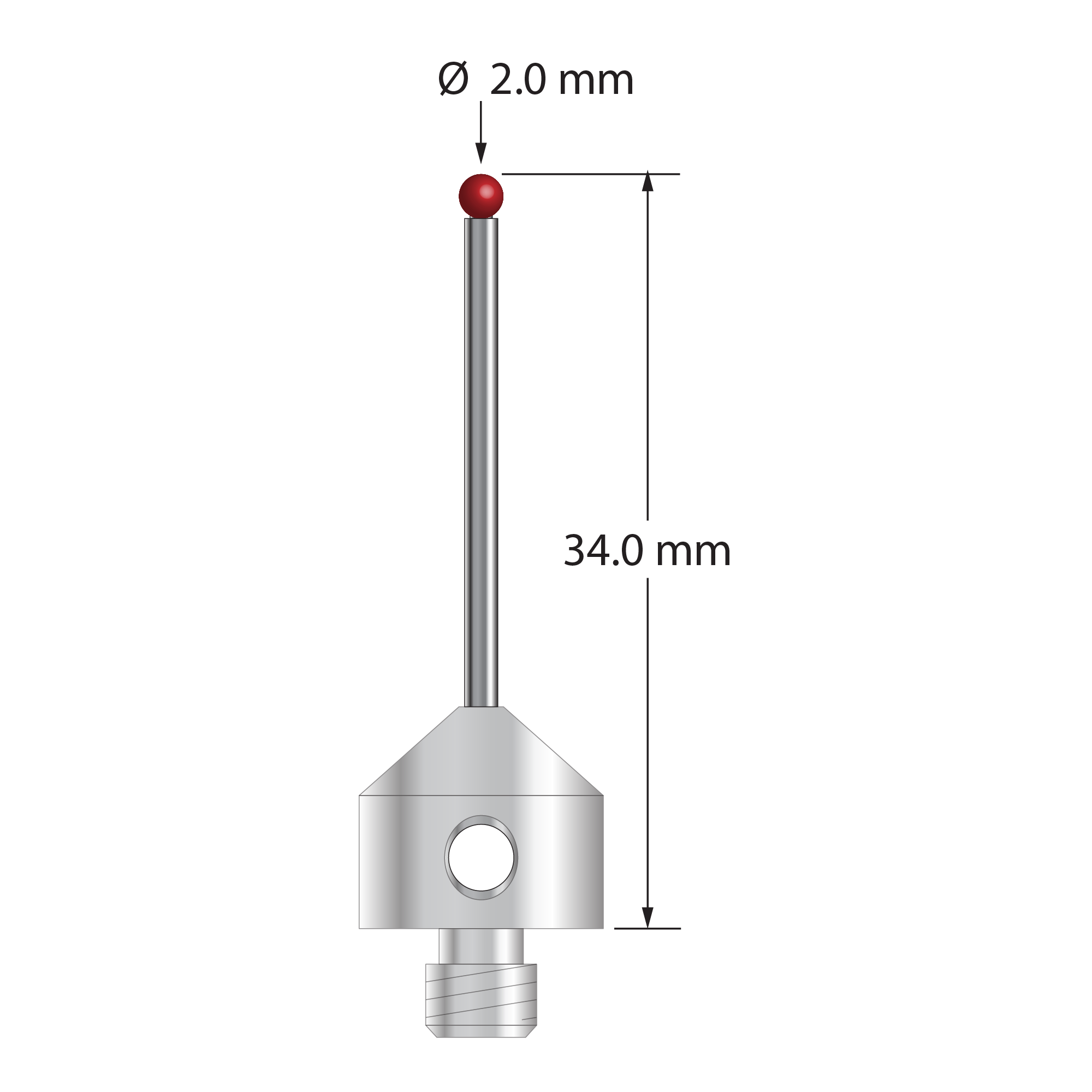 M5 stylus with 2.0 mm diameter ruby ball, 1.5 mm diameter carbide stem, and 11.0 mm diameter x 10.0 mm long stainless steel base. Overall stylus length is 33.0 mm. Stylus weight is 6.18 grams. Compare to Zeiss 626105-0254-034.