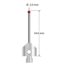 M5 stylus with 2.0 mm diameter ruby ball, 1.5 mm diameter carbide stem, and 11.0 mm diameter x 10.0 mm long stainless steel base. Overall stylus length is 33.0 mm. Stylus weight is 6.18 grams. Compare to Zeiss 626105-0254-034.