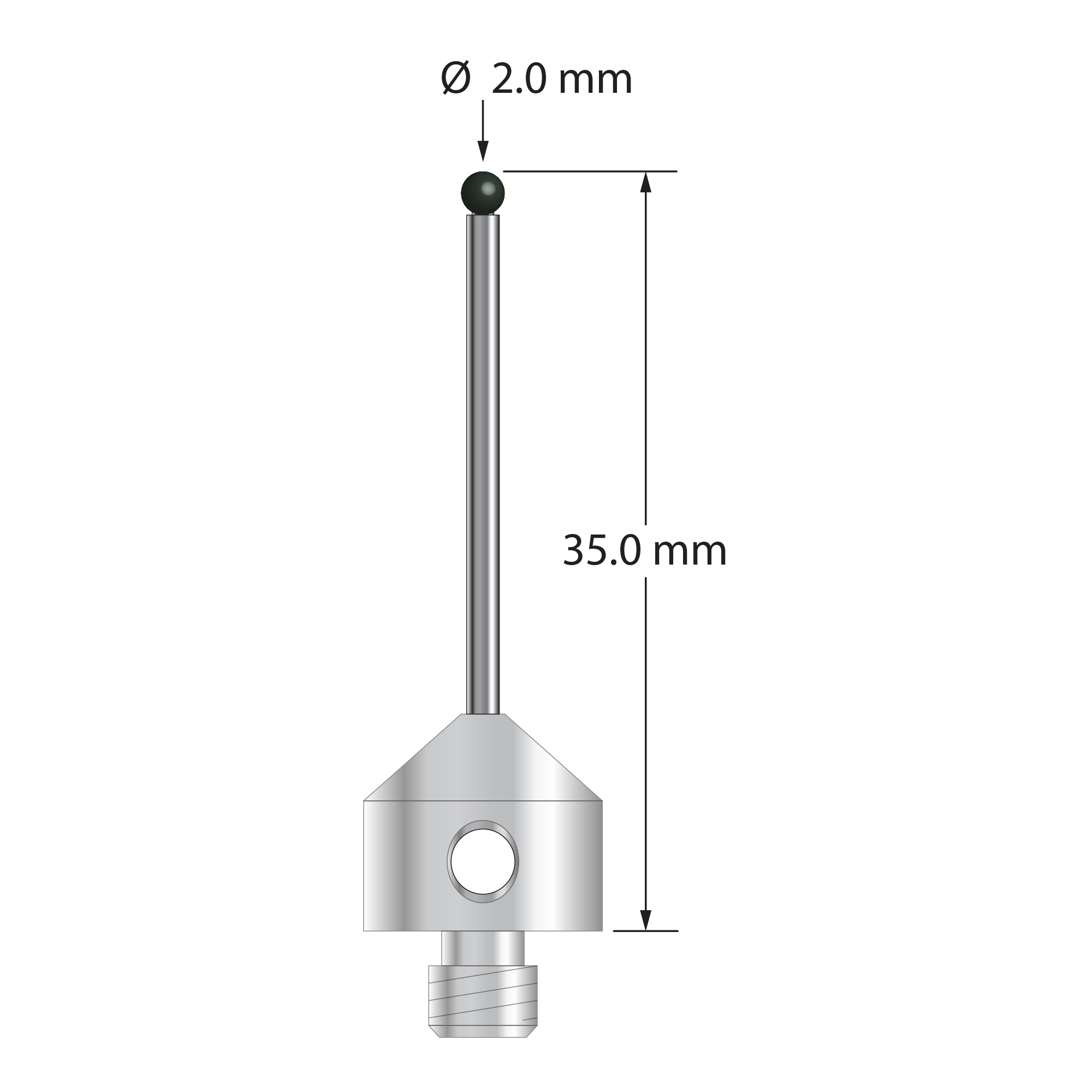 M5 stylus with 2.0 mm diameter silicon nitride ball, 1.5 mm diameter carbide stem, and 11.0 mm diameter x 10.0 mm long stainless steel base. Overall stylus length is 35.0 mm. Stylus weight is 6.20 grams. Compare to Zeiss 626105-0255-035.