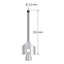 M5 stylus with 2.0 mm diameter silicon nitride ball, 1.5 mm diameter carbide stem, and 11.0 mm diameter x 10.0 mm long stainless steel base. Overall stylus length is 35.0 mm. Stylus weight is 6.20 grams. Compare to Zeiss 626105-0255-035.