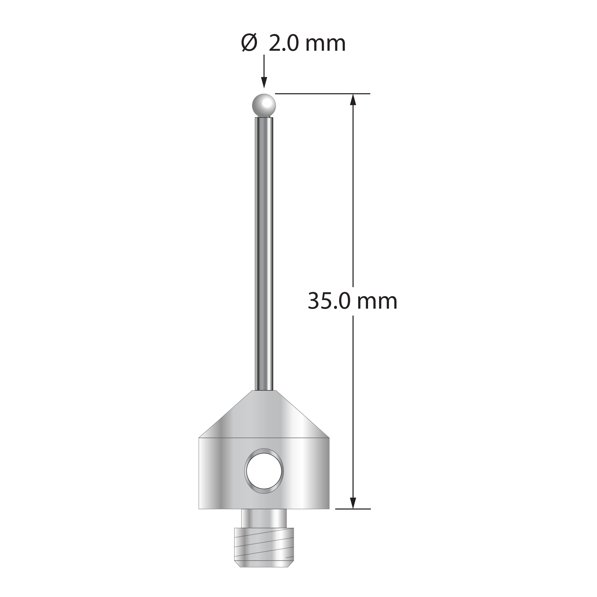 M5 stylus with 2.0 mm diameter zirconia ball, 1.5 mm diameter carbide stem, and 11.0 mm diameter x 10.0 mm long stainless steel base. Overall stylus length is 35.0 mm. Stylus weight is 6.20 grams.