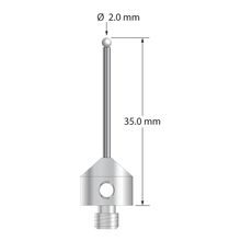 M5 stylus with 2.0 mm diameter zirconia ball, 1.5 mm diameter carbide stem, and 11.0 mm diameter x 10.0 mm long stainless steel base. Overall stylus length is 35.0 mm. Stylus weight is 6.20 grams.