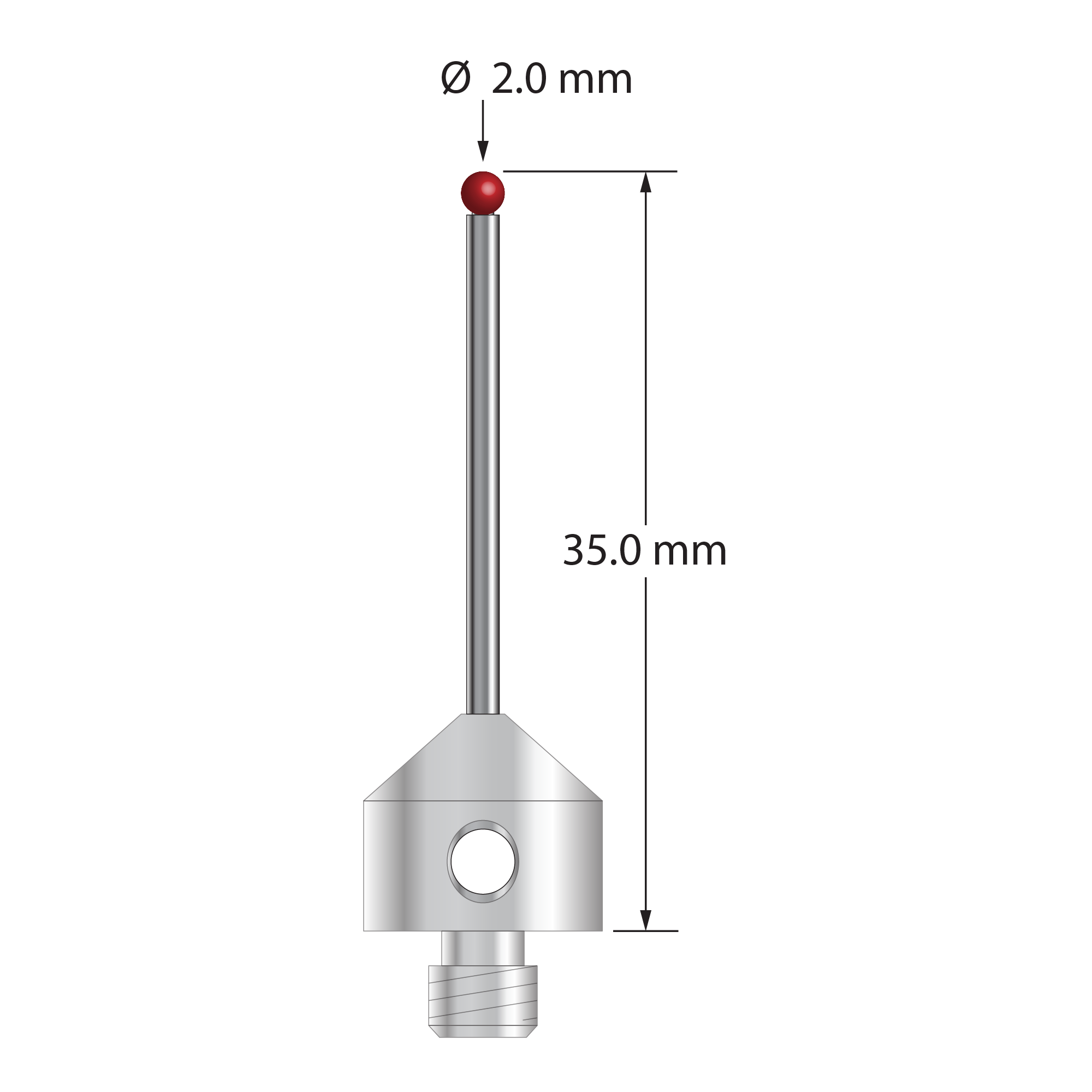 M5 stylus with 2.0 mm diameter ruby ball, 1.5 mm diameter carbide stem, and 11.0 mm diameter x 10.0 mm long stainless steel base. Overall stylus length is 35.0 mm. Stylus weight is 6.20 grams. Compare to Zeiss 626115-0205-035.