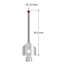 M5 stylus with 2.0 mm diameter ruby ball, 1.5 mm diameter carbide stem, and 11.0 mm diameter x 10.0 mm long stainless steel base. Overall stylus length is 35.0 mm. Stylus weight is 6.20 grams. Compare to Zeiss 626115-0205-035.