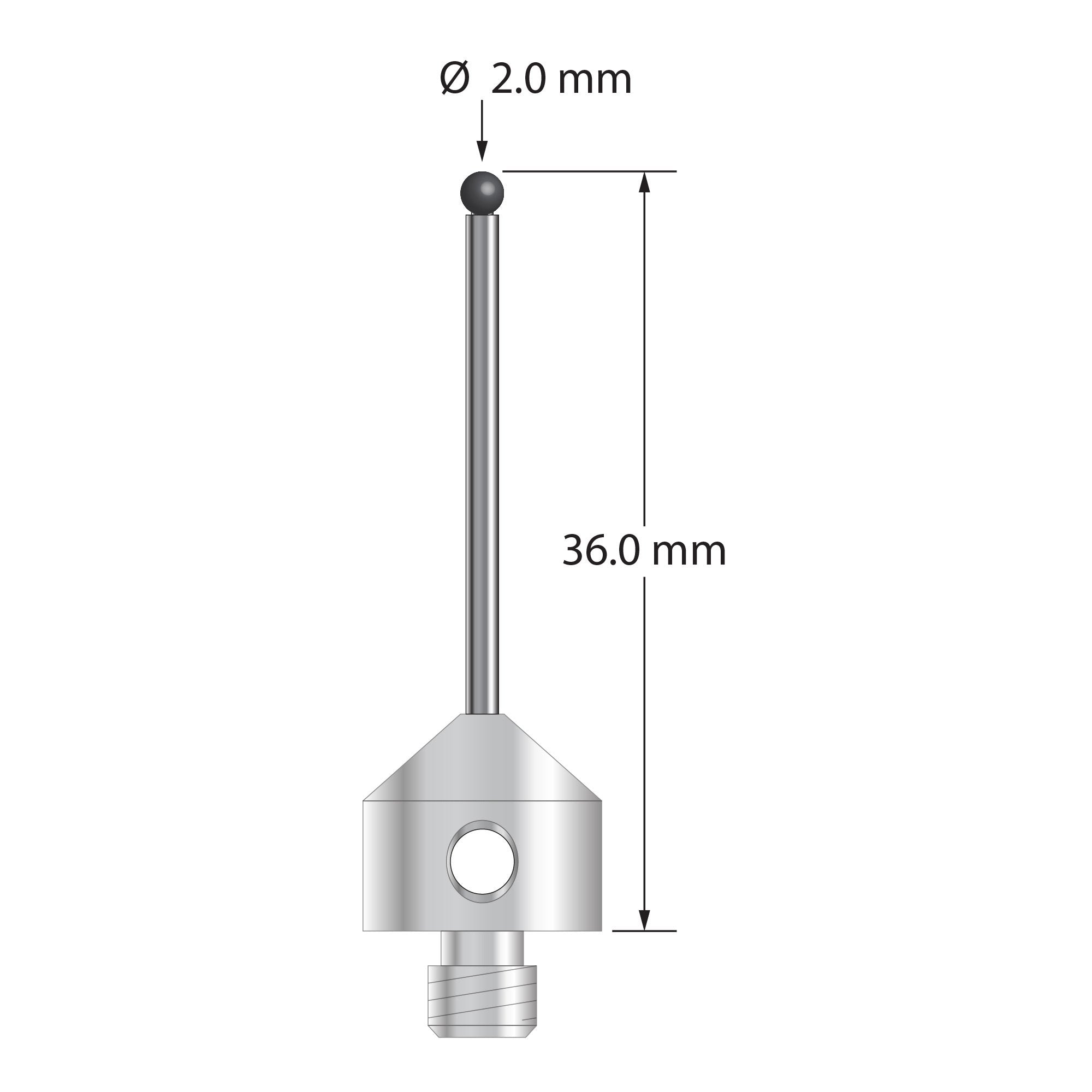AFG-2036-SN M5 stylus with 2.0mm silicon nitride ball and stainless steel base, 35.0mm long by Q-Mark Manufacturing, Inc.
