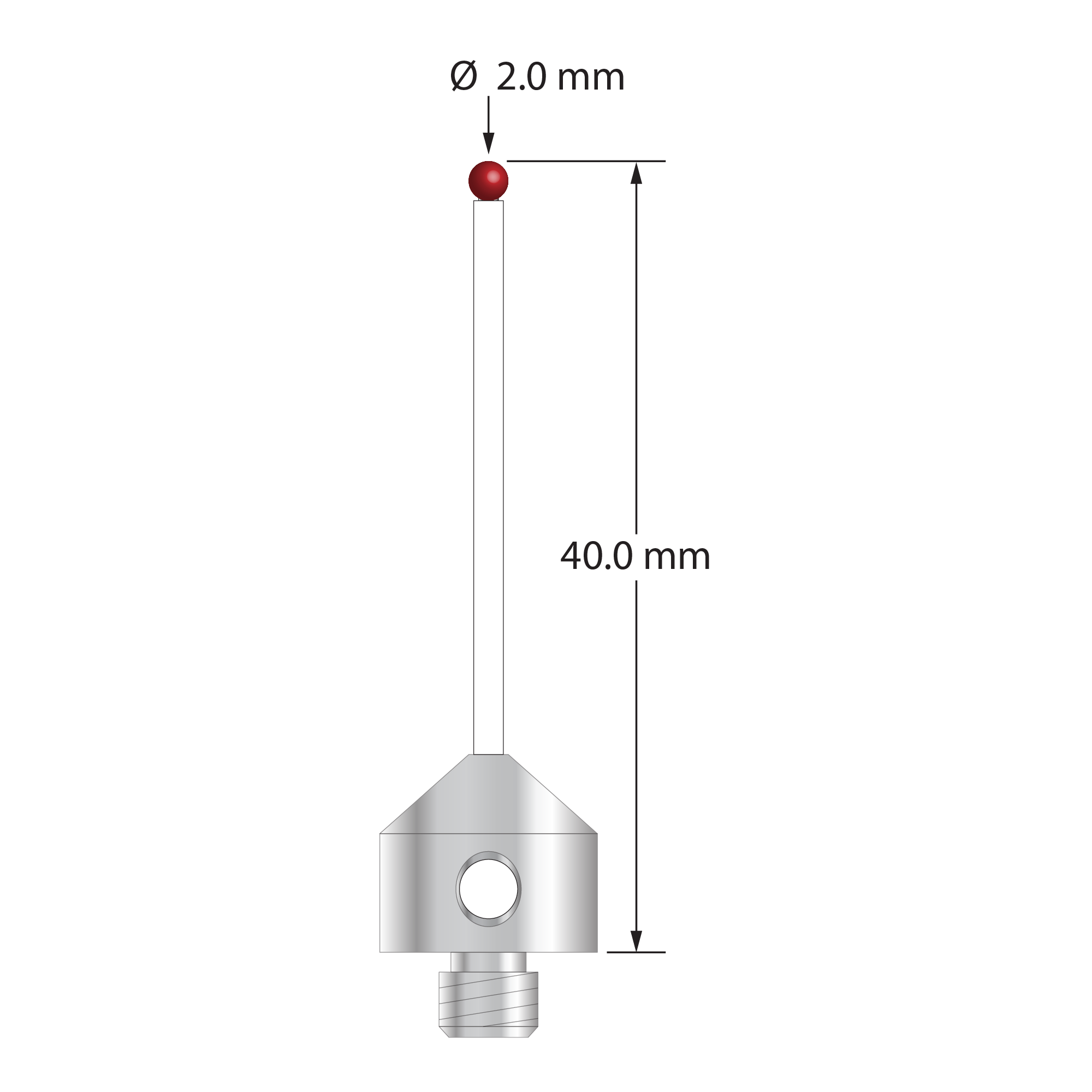 M5 stylus with 2.0 mm diameter ruby ball, 1.5 mm diameter ceramic stem, and 11.0 mm diameter x 10.0 mm long stainless steel base. Overall stylus length is 40.0 mm. Stylus weight is 5.86 grams. Compare to Zeiss 626115-0206-040.