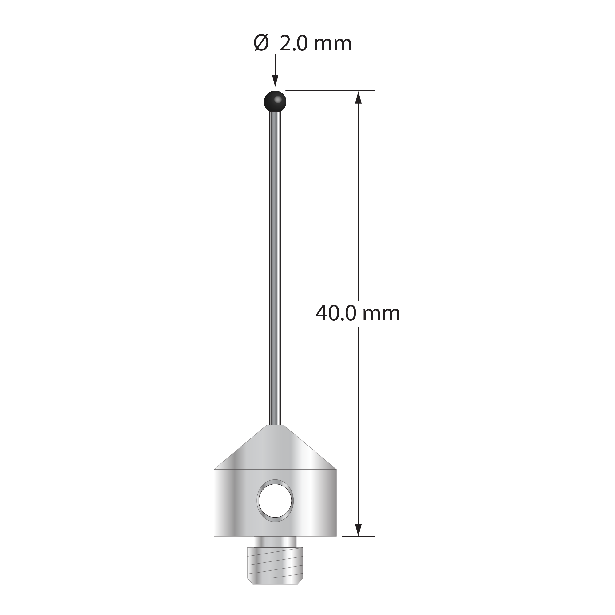 M5 stylus with 2.0 mm diameter silicon nitride ball, 1.0 mm diameter carbide stem, and 11.0 mm diameter x 10.0 mm long stainless steel base. Overall stylus length is 40.0 mm. Stylus weight is 5.85 grams. Compare to Zeiss 626105-0200-040.