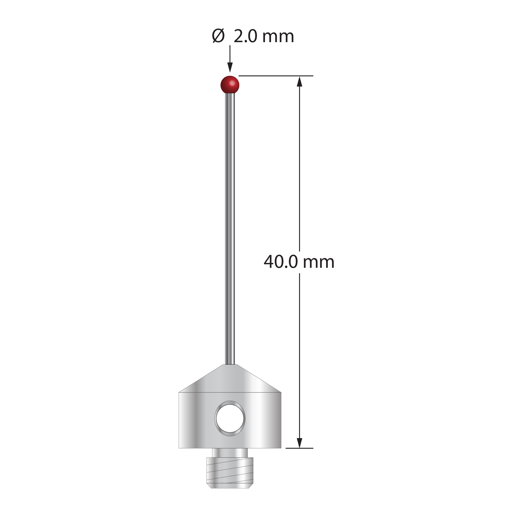 M5 stylus with 2.0 mm diameter ruby ball, 1.0 mm diameter carbide stem, and 11.0 mm diameter x 9.0 mm long stainless steel base. Overall stylus length is 40.0 mm. Stylus weight is 5.70 grams. Compare to Zeiss 626115-0200-040.
