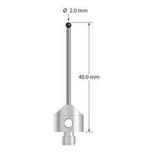 M5 stylus with 2.0 mm diameter silicon nitride ball, 1.5 mm diameter carbide stem, and 11.0 mm diameter x 10.0 mm long stainless steel base. Overall stylus length is 40.0 mm. Stylus weight is 6.32 grams. Compare to Zeiss 626115-0202-040.