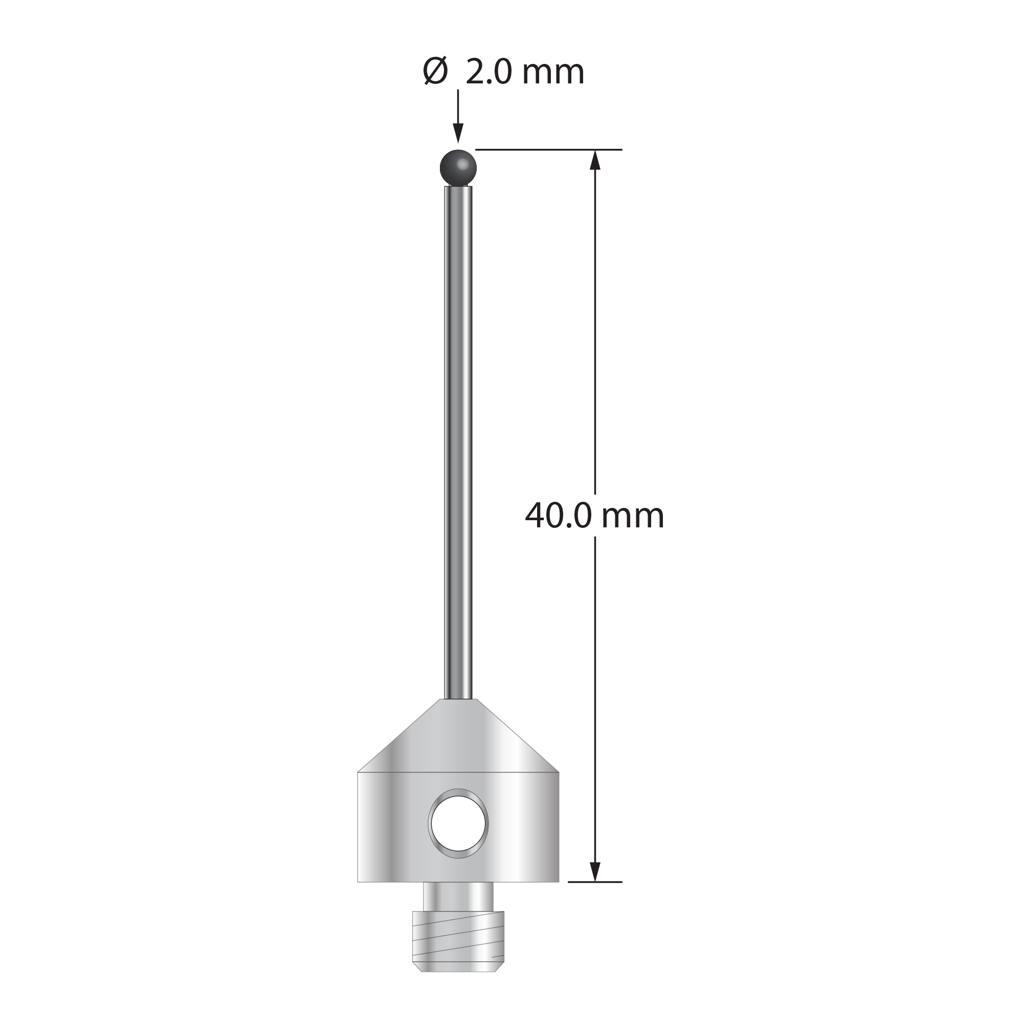 M5 stylus with 2.0 mm diameter silicon nitride ball, 1.5 mm diameter carbide stem, and 11.0 mm diameter x 10.0 mm long titanium base. Overall stylus length is 40.0 mm. Stylus weight is 3.78 grams.